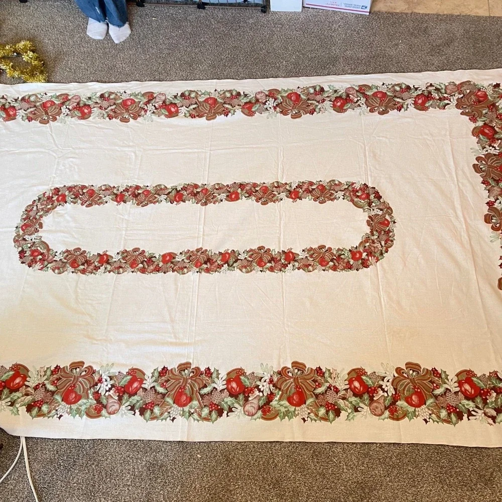 Vintage 50s Christmas Holiday Fruit Bow Holly Leaf Candy Cane Tablecloth‎ 60x96